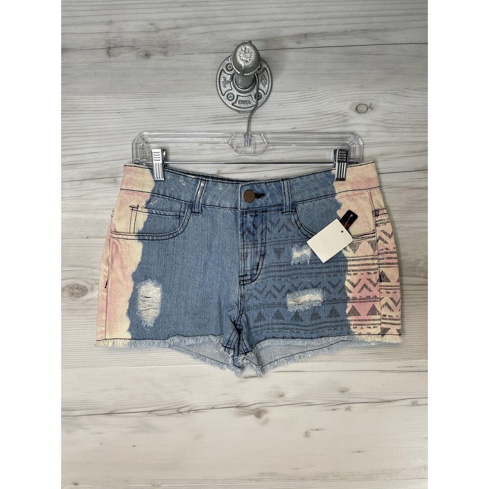 Fire Los Angeles Shorts Womens 7 Blue Pink Denim Distressed Raw Hem Aztec Print